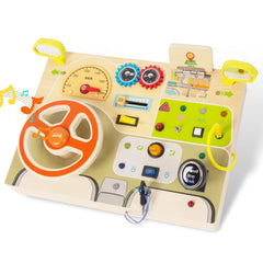 Woodenfun Montessori Busy Board steering wheel engages toddler fine motor skills during pretend driving.