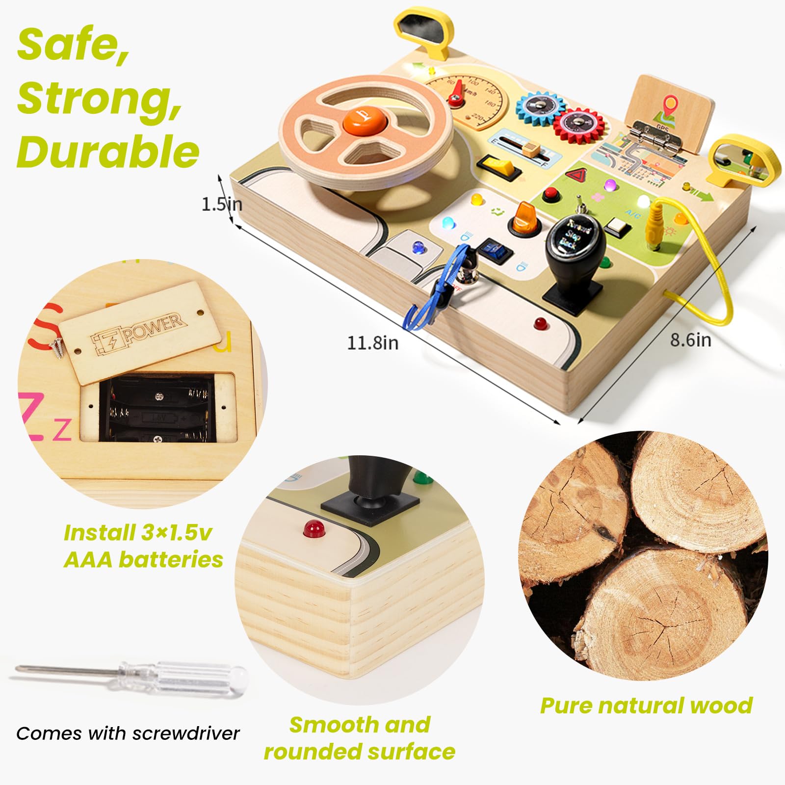 Woodenfun Montessori Busy Board turn signals encourage motor exploration and awareness.