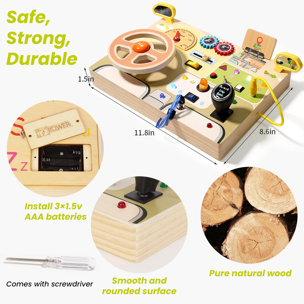 Woodenfun Montessori Busy Board turn signals encourage motor exploration and awareness.