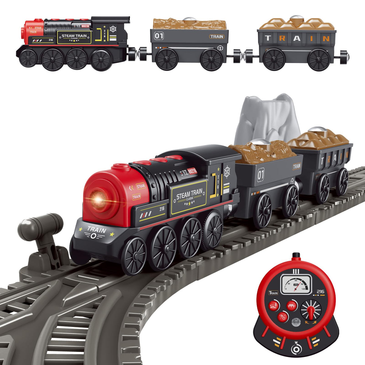 WoodenFun motorized train front view with realistic lights and sounds for immersive play.