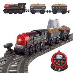 WoodenFun motorized train front view with realistic lights and sounds for immersive play.