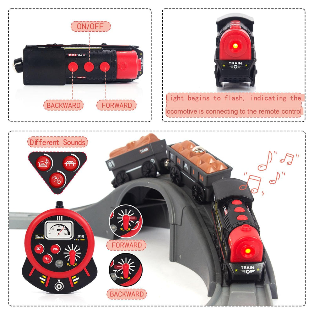 WoodenFun motorized train showing magnetic carriage connections for easy assembly.