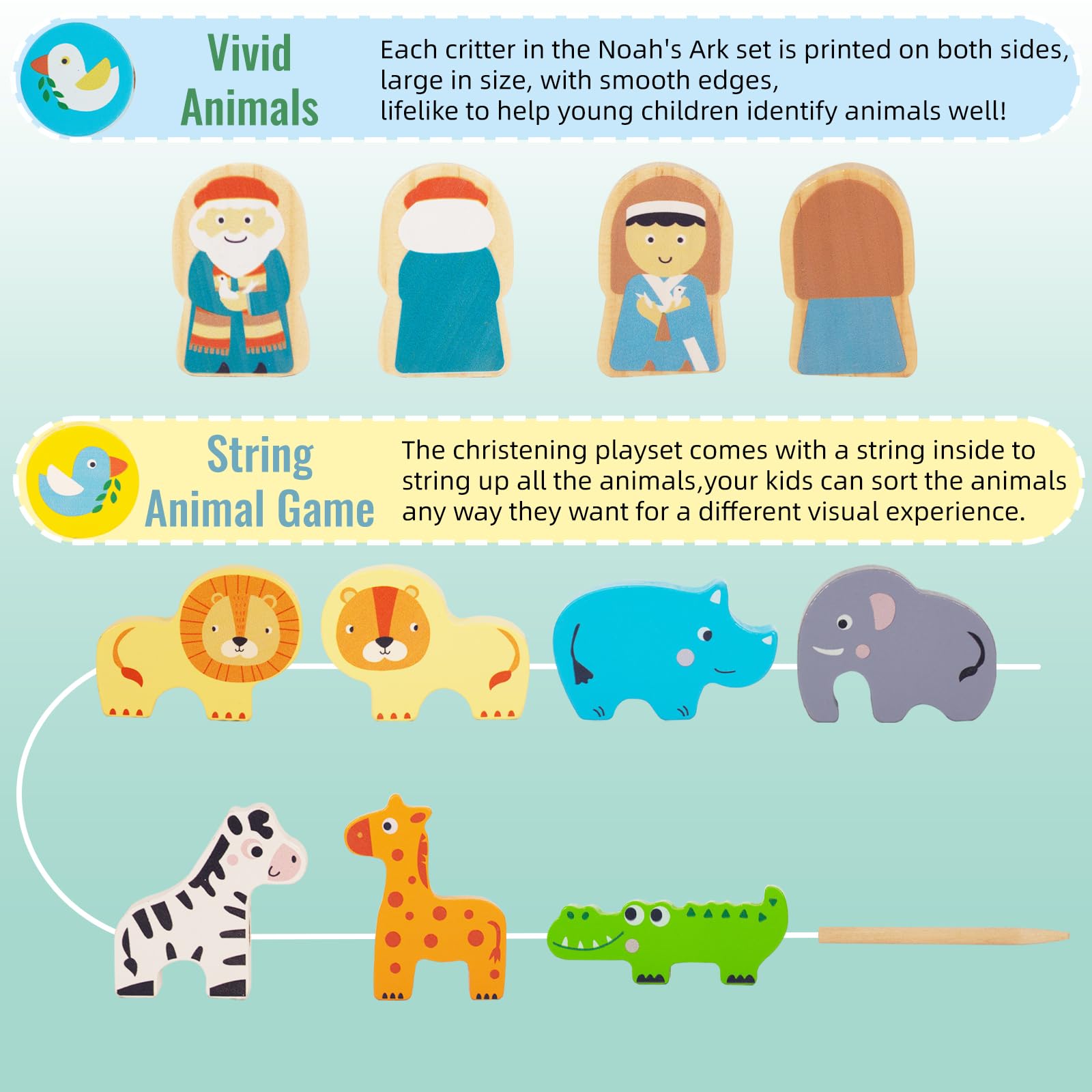WOODENFUN Noah's Ark set with colorful animal pieces for sorting