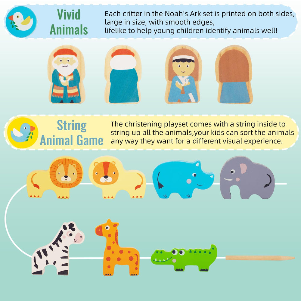WOODENFUN Noah's Ark set with colorful animal pieces for sorting