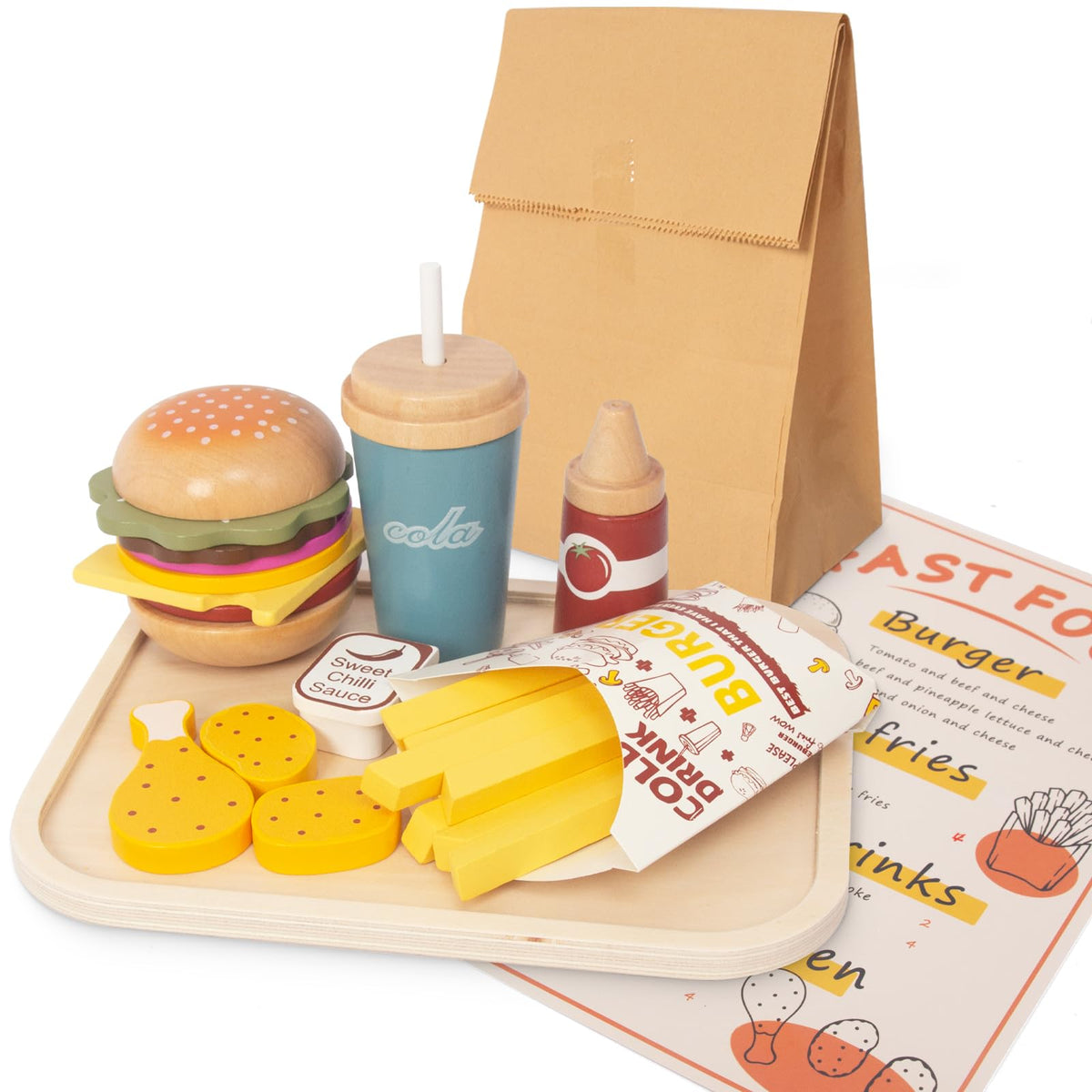 WOODENFUN pretend play food with tray encourages imaginative role play and sharing