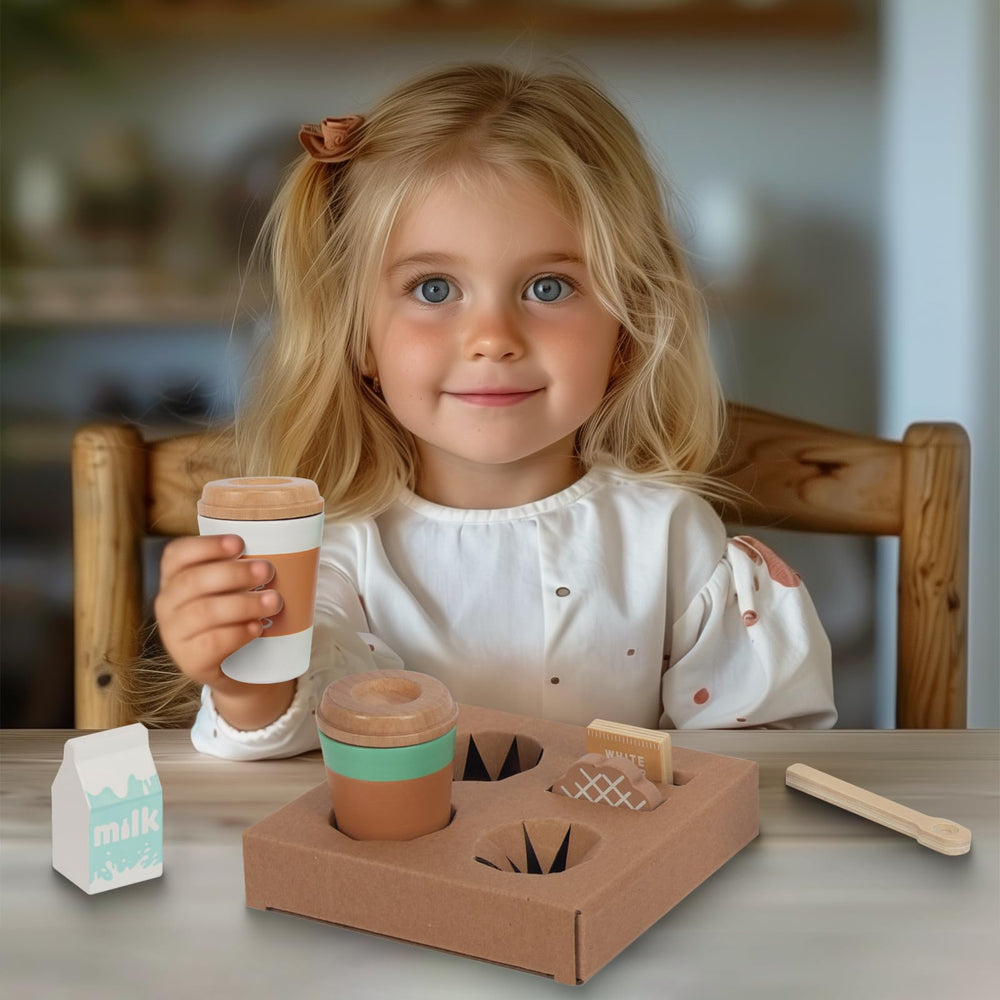 WOODENFUN pretend tea time scene supports storytelling and cooperative play.
