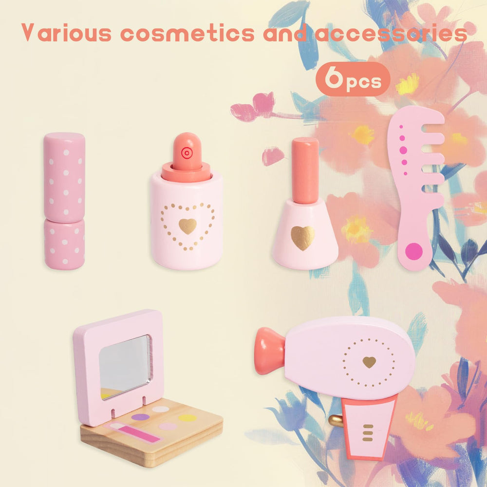 WOODENFUN storage drawer keeps cosmetics organized during playtime.