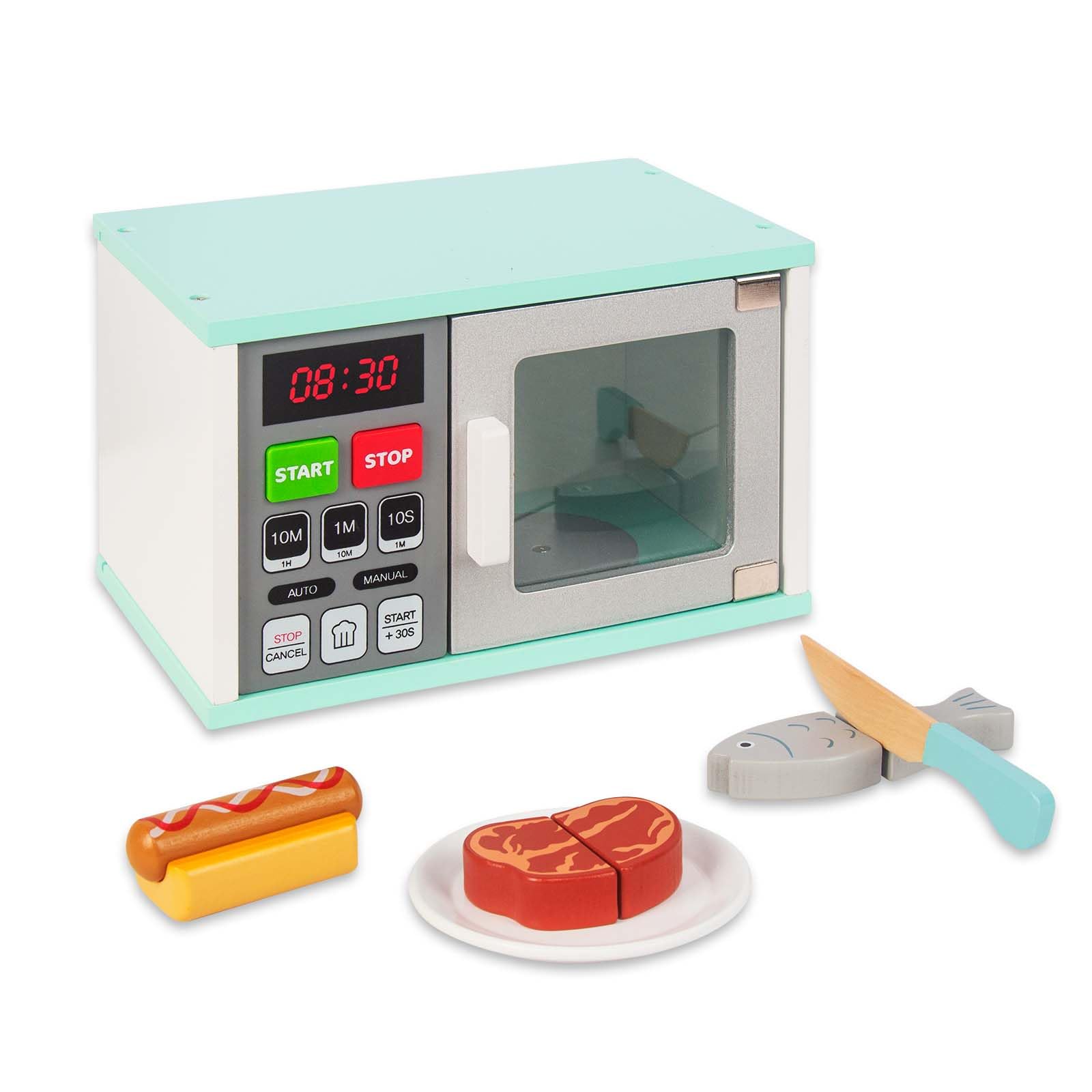 WOODENFUN toddler play kitchen microwave door open, inviting imaginative pretend cooking.