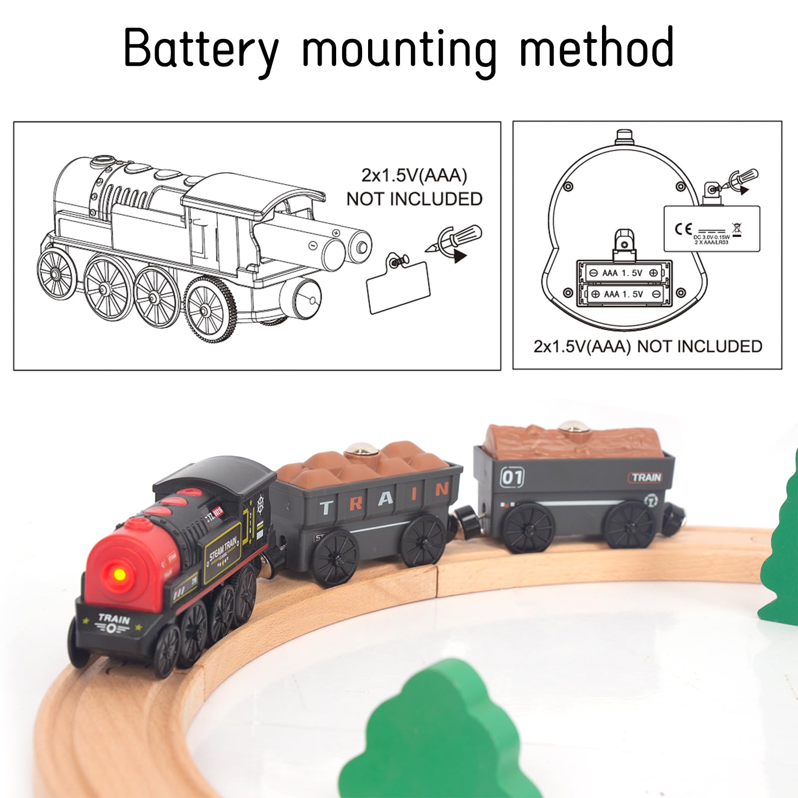 WoodenFun train in reverse motion with lights signaling playful action.