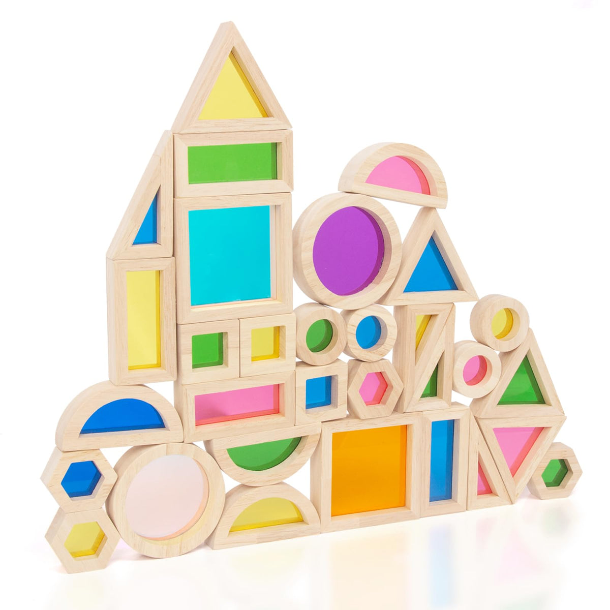 Woodenfun 32-piece rainbow building blocks for creative stacking and learning.