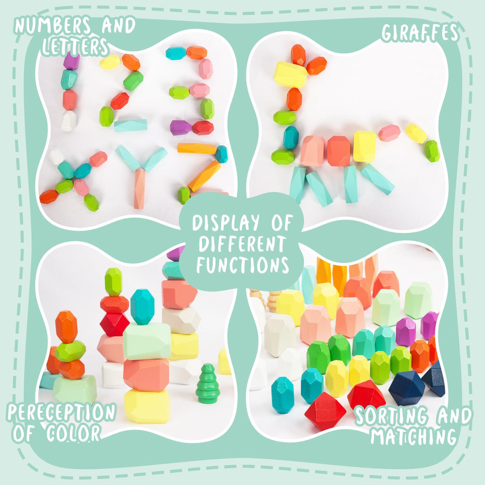 WOODENFUN Montessori-style rocks promote stacking challenges and visual-spatial reasoning.