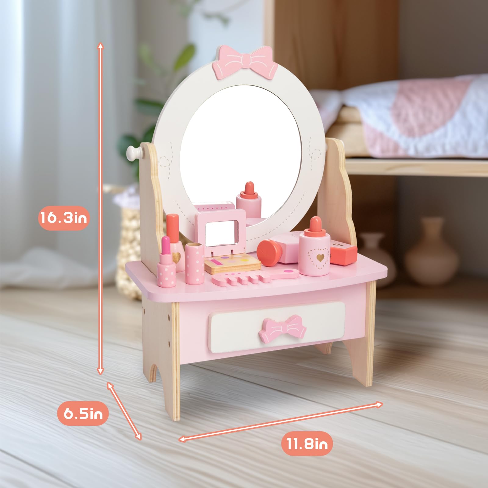 WOODENFUN wooden vanity table offers sturdy, safe play furniture.