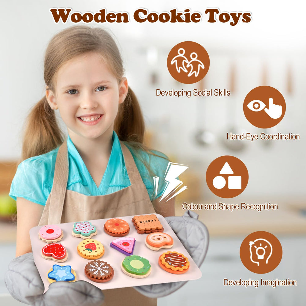 Wooderma baking tray with biscuits illustrates organized storage and easy play setup.