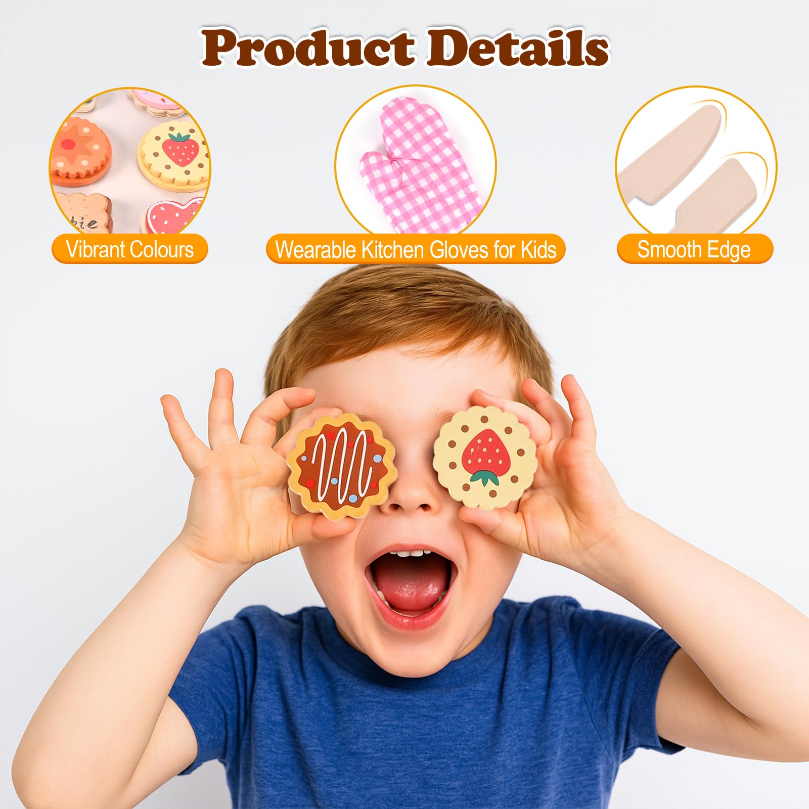 Wooderma biscuit toppings pack highlights colorful pieces for creative topping combinations during pretend cooking.