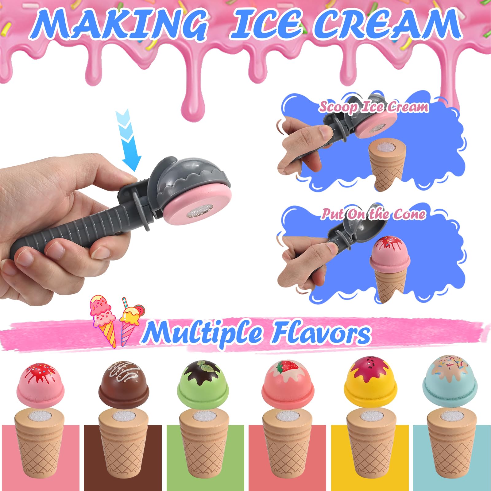 Wooderma ice cream cones six flavors ready for counting and sharing