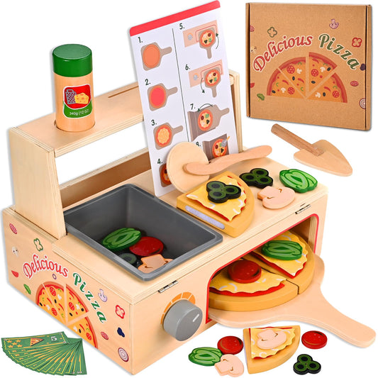 Wooderma wooden pizza counter playset for imaginative kitchen role-play and sharing.