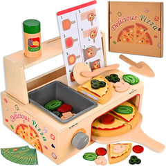 Wooderma wooden pizza counter playset for imaginative kitchen role-play and sharing.