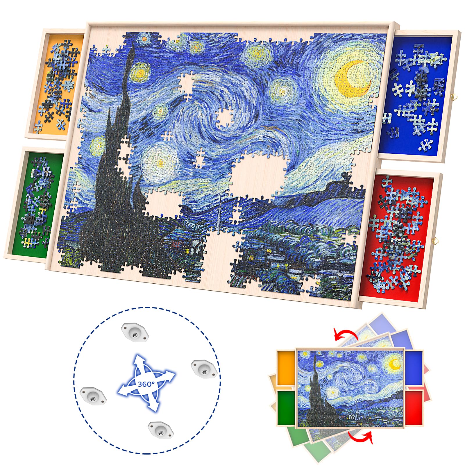 Woodever puzzle board with rotatable wheels for easy repositioning.