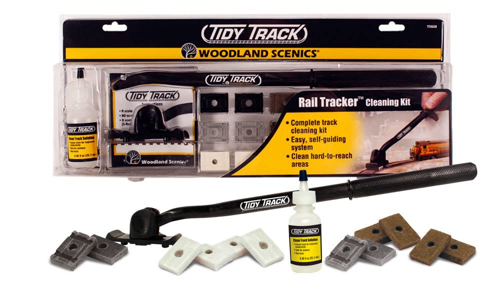 Woodland Scenics Tidy Track Cleaning Kit compact design for quick rail upkeep.