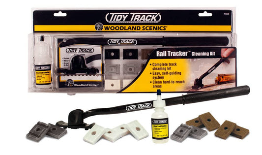 Woodland Scenics Tidy Track Cleaning Kit compact design for quick rail upkeep.