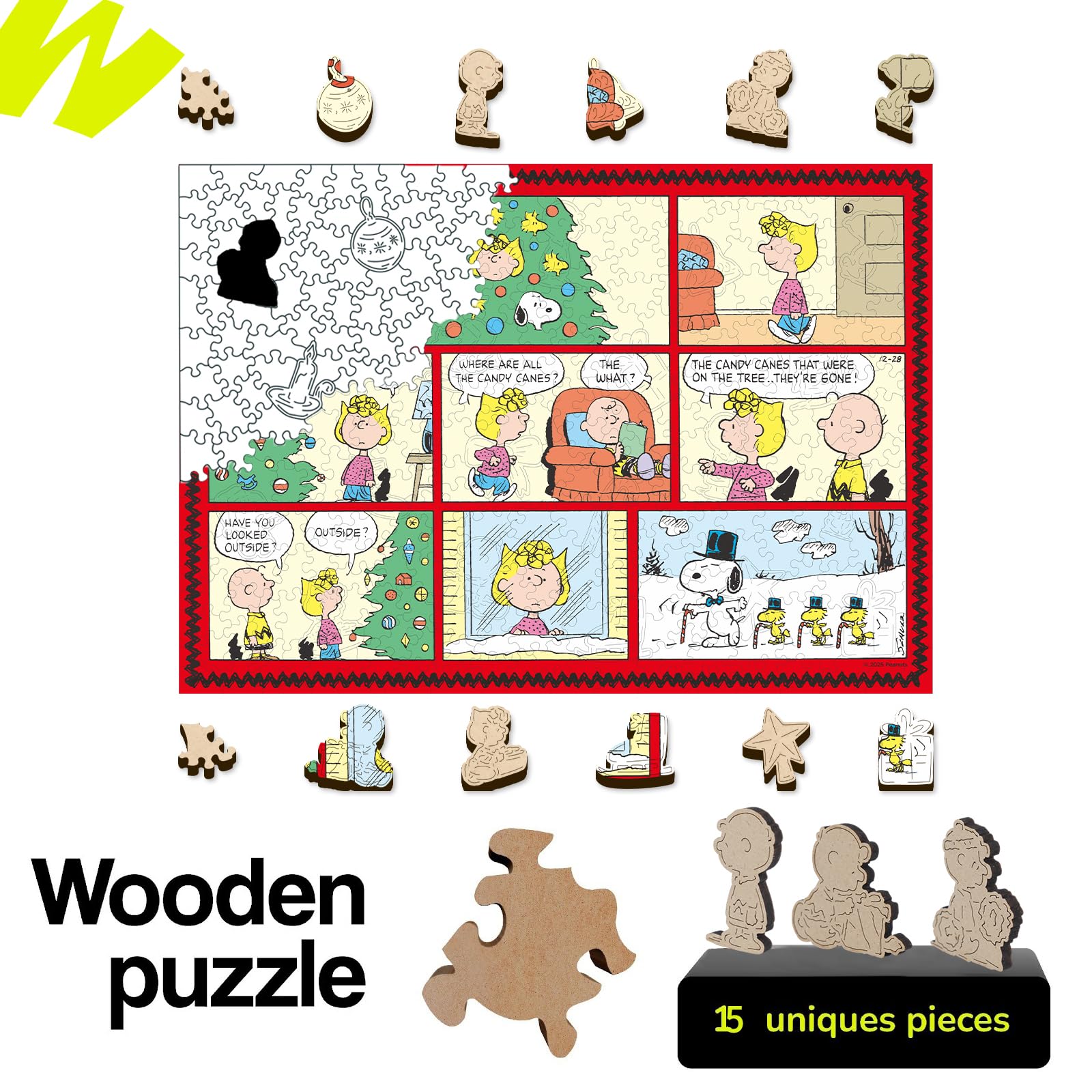WOODLUX Peanuts Christmas puzzle with 20 irregular surprise pieces for novelty.