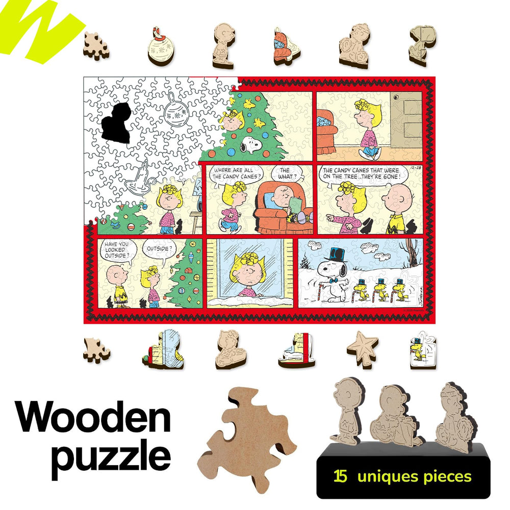 WOODLUX Peanuts Christmas puzzle with 20 irregular surprise pieces for novelty.