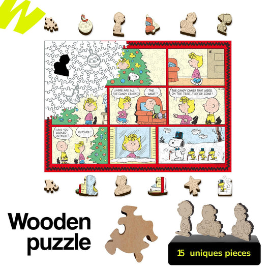 WOODLUX Peanuts Christmas puzzle with 20 irregular surprise pieces for novelty.
