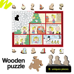 WOODLUX Peanuts Christmas puzzle with 20 irregular surprise pieces for novelty.