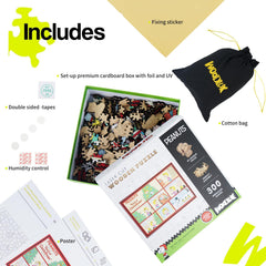 WOODLUX Peanuts puzzle packaged in eco-conscious packaging with a fabric storage bag.