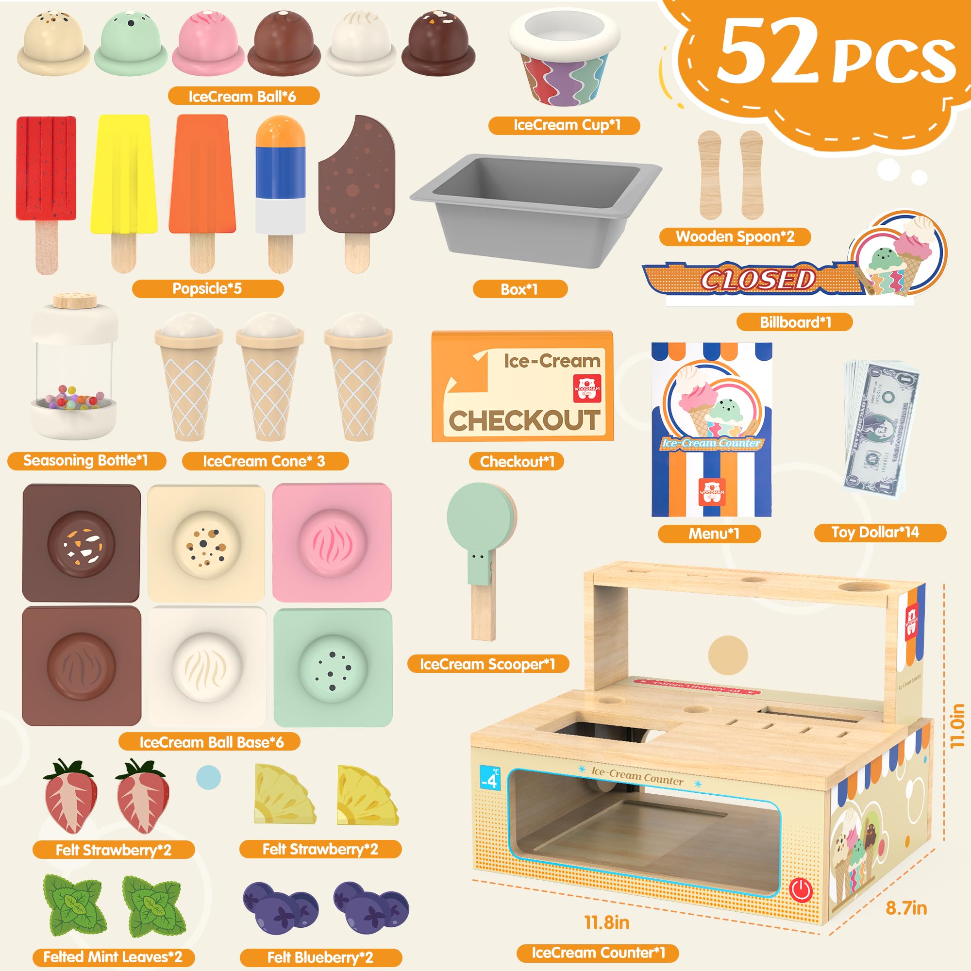 WOODMAM 52-piece ice cream playset laid out for imaginative sessions