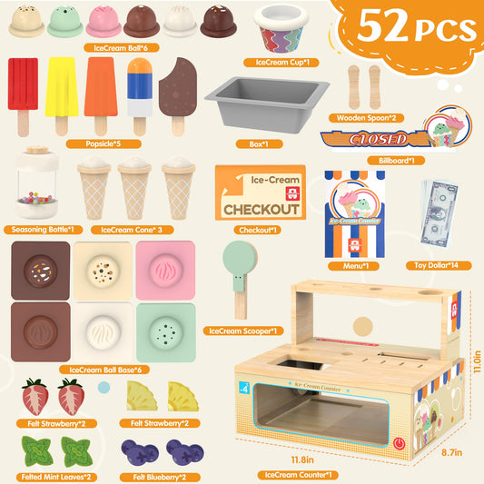 WOODMAM 52-piece ice cream playset laid out for imaginative sessions