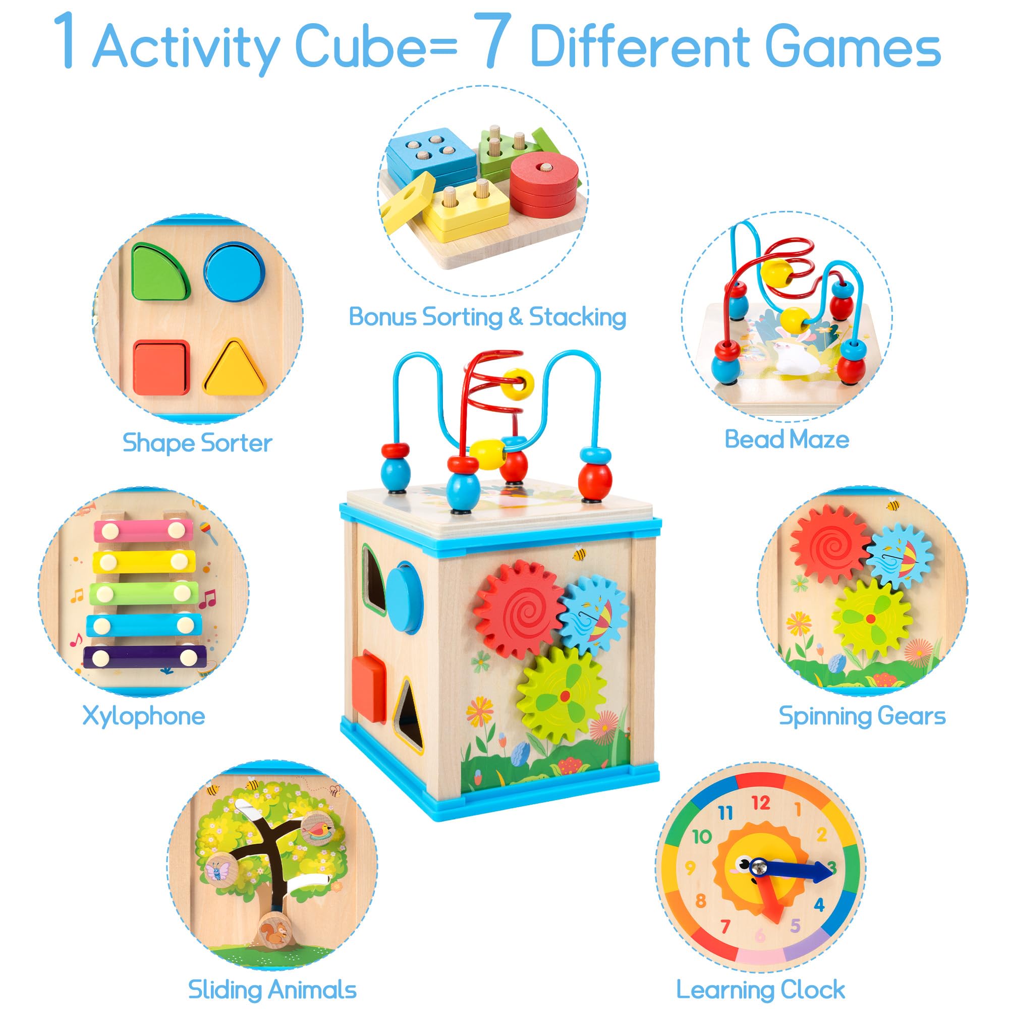 WOODMAM 7-in-1 activity cube bead maze close-up promoting fine motor skills