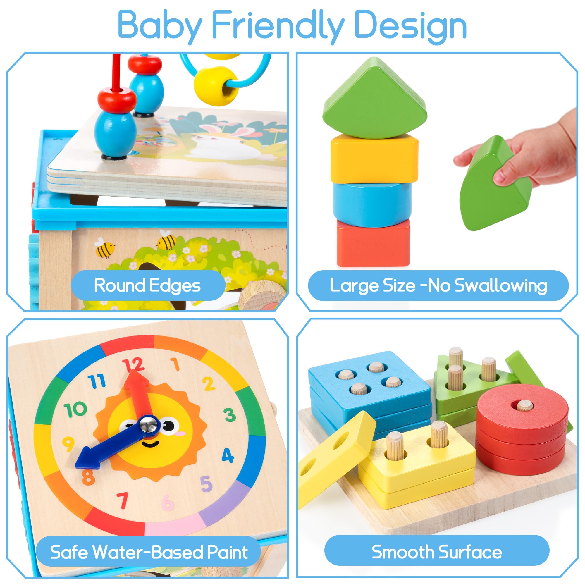 WOODMAM 7-in-1 activity cube shape sorter side enhances recognition and sorting