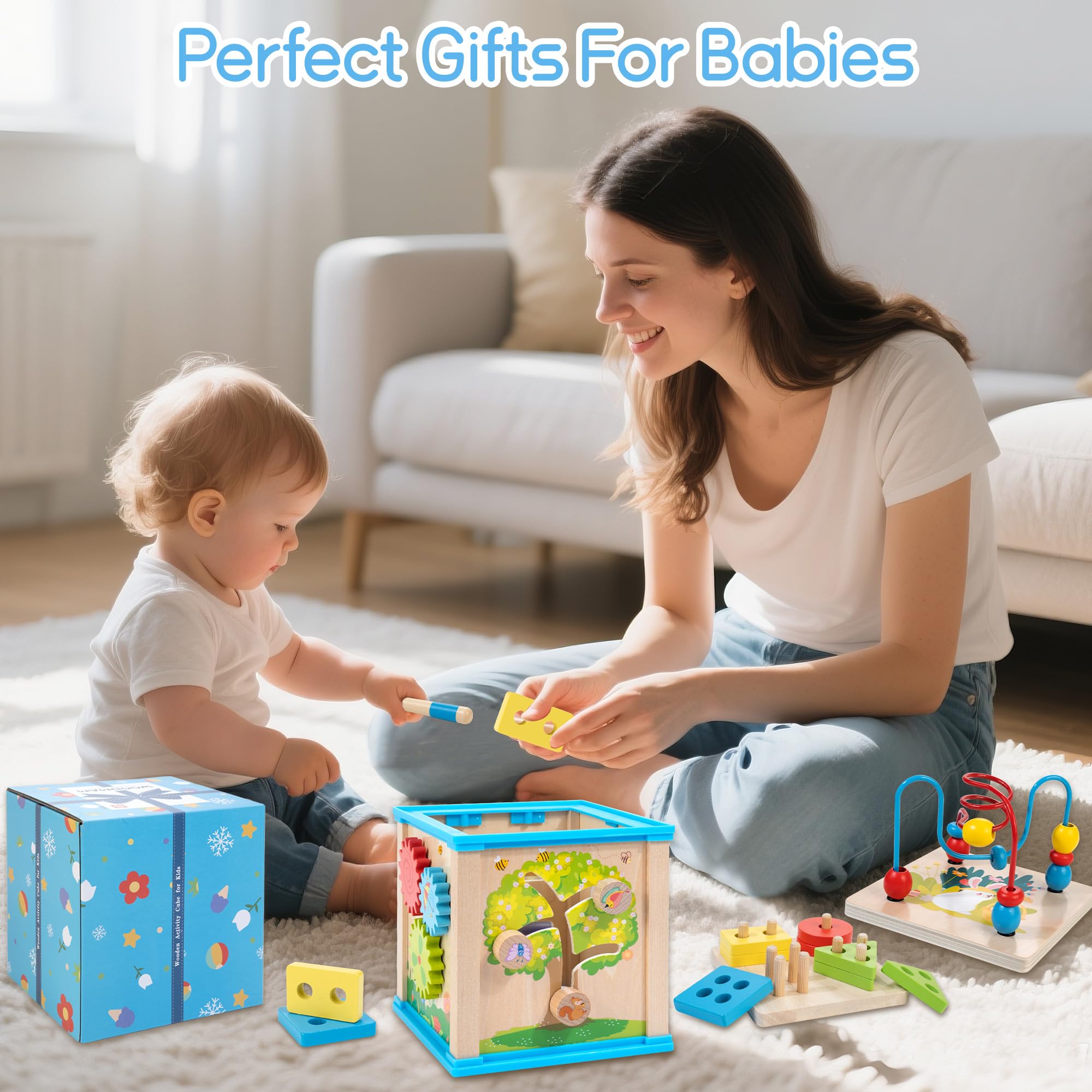 WOODMAM 7-in-1 activity cube sorting and stacking board aids sequencing