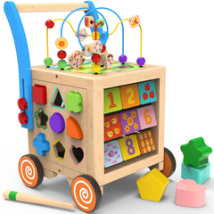 WOODMAM 9-in-1 Activity Cube on walker with adjustable height for growing toddlers.