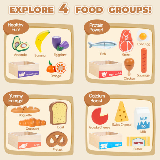 WOODMAM color-coded food groups box supports sorting skills during imaginative kitchen play