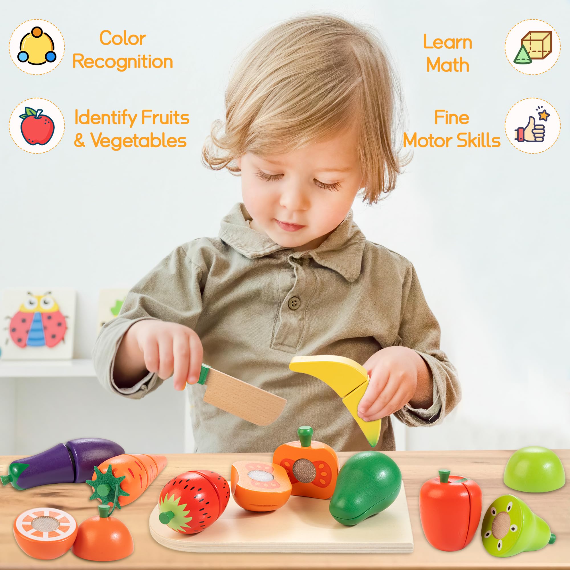WOODMAM educational toy promotes part-and-whole thinking during kitchen-themed activities.