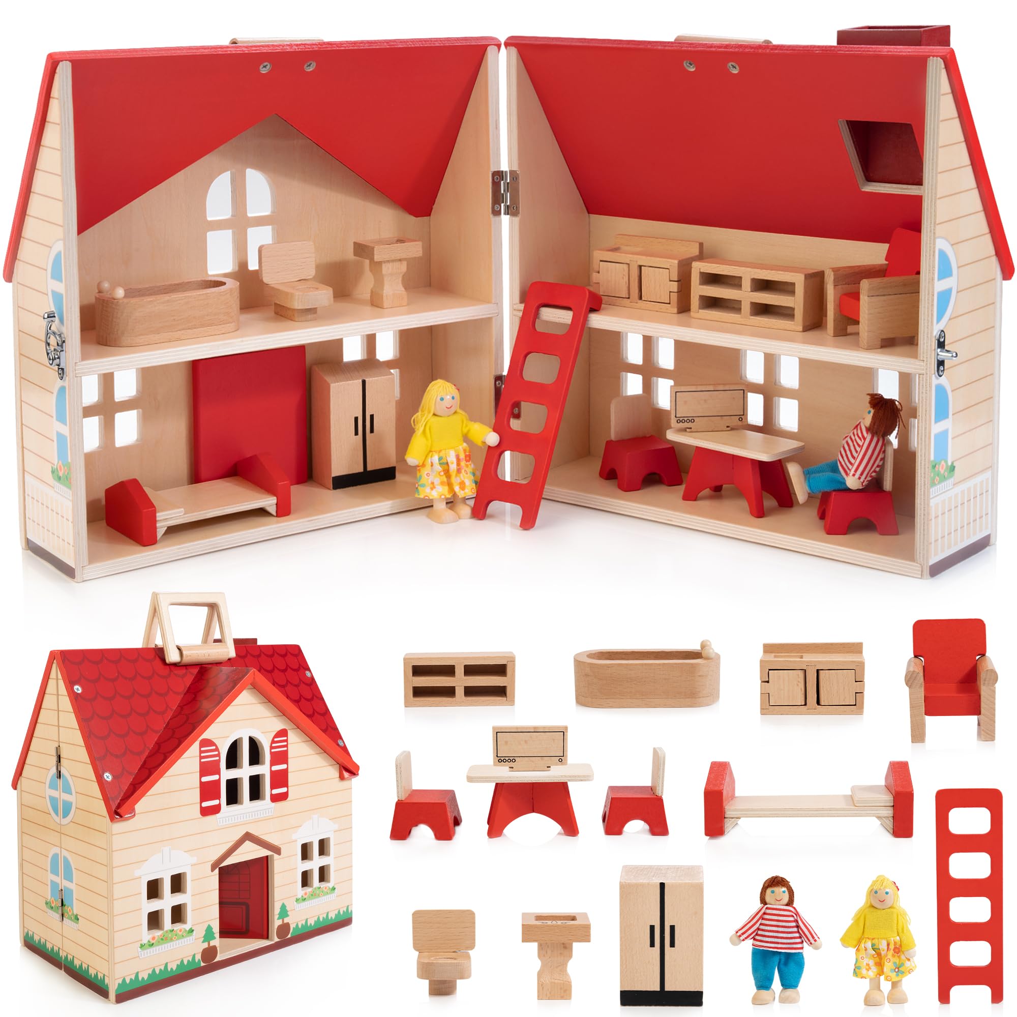 WOODMAM foldable dollhouse with 13-piece furniture for imaginative play