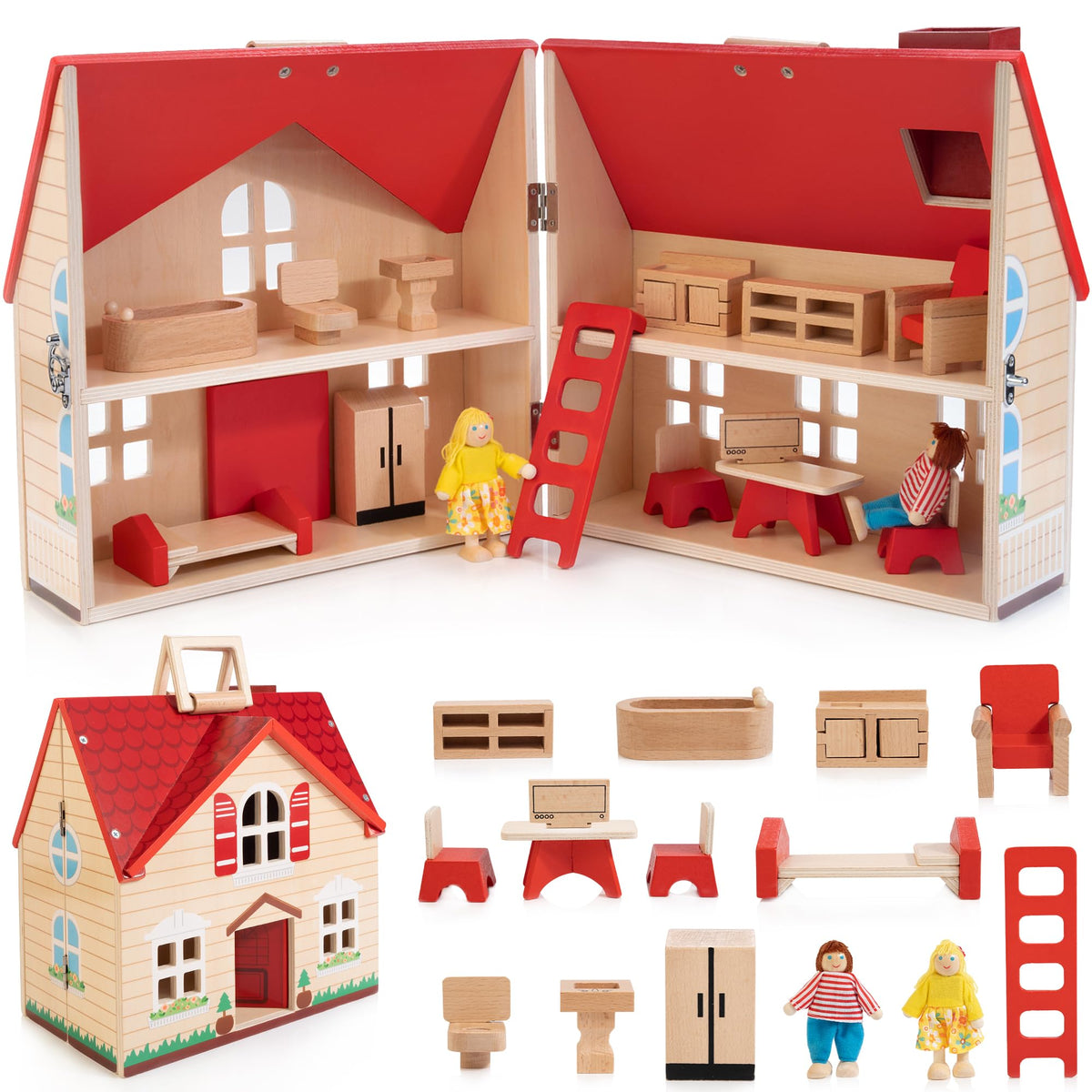 WOODMAM foldable dollhouse with 13-piece furniture for imaginative play