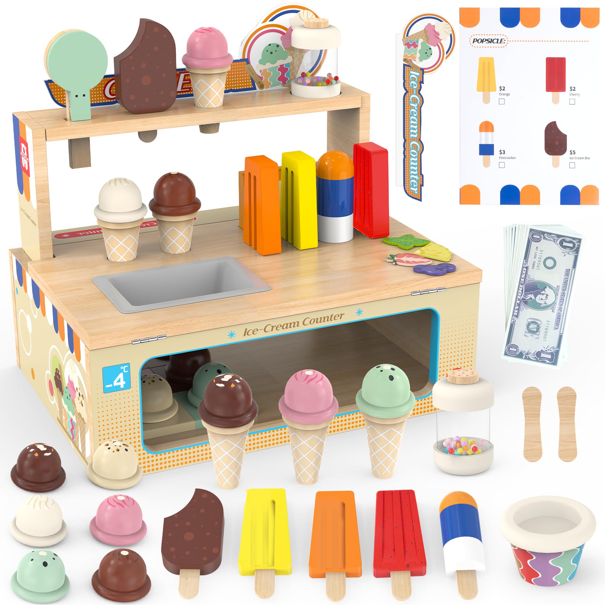 WOODMAM foldable ice cream counter setup shown for organized pretend play