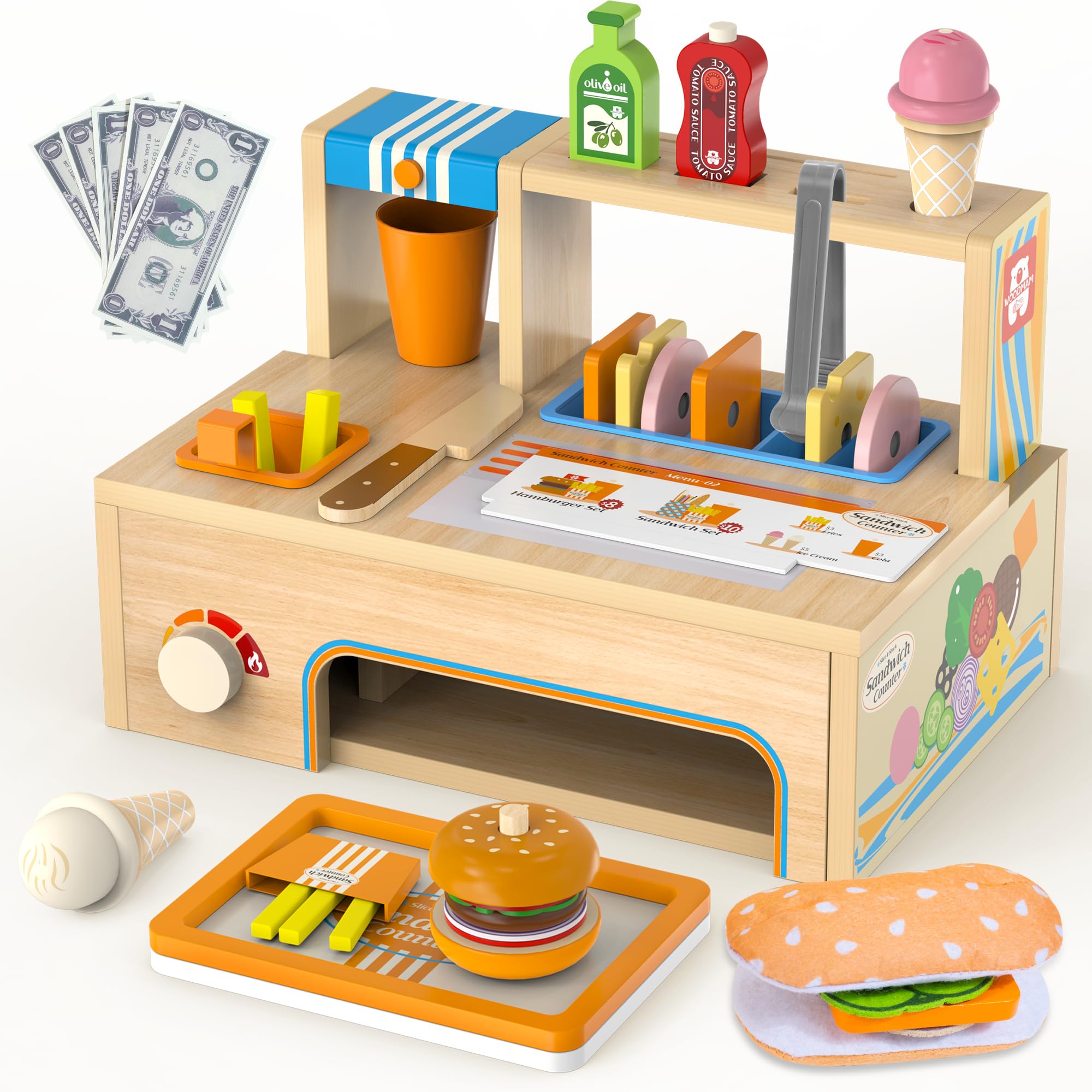 WOODMAM Foldable Sandwich Counter setup promotes space-saving pretend play.