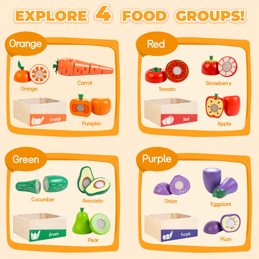 WOODMAM fruits and vegetables cutting set with safe knives encourages pretend cooking.