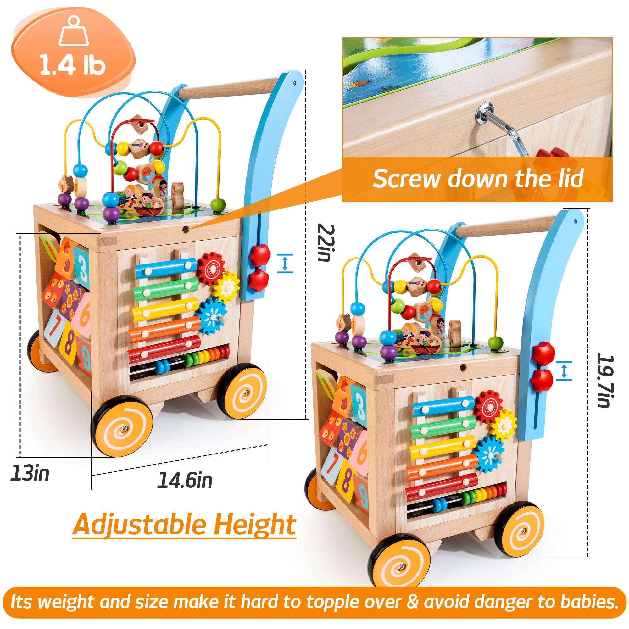 Woodmam height-adjustable walker grows with baby for extended use.