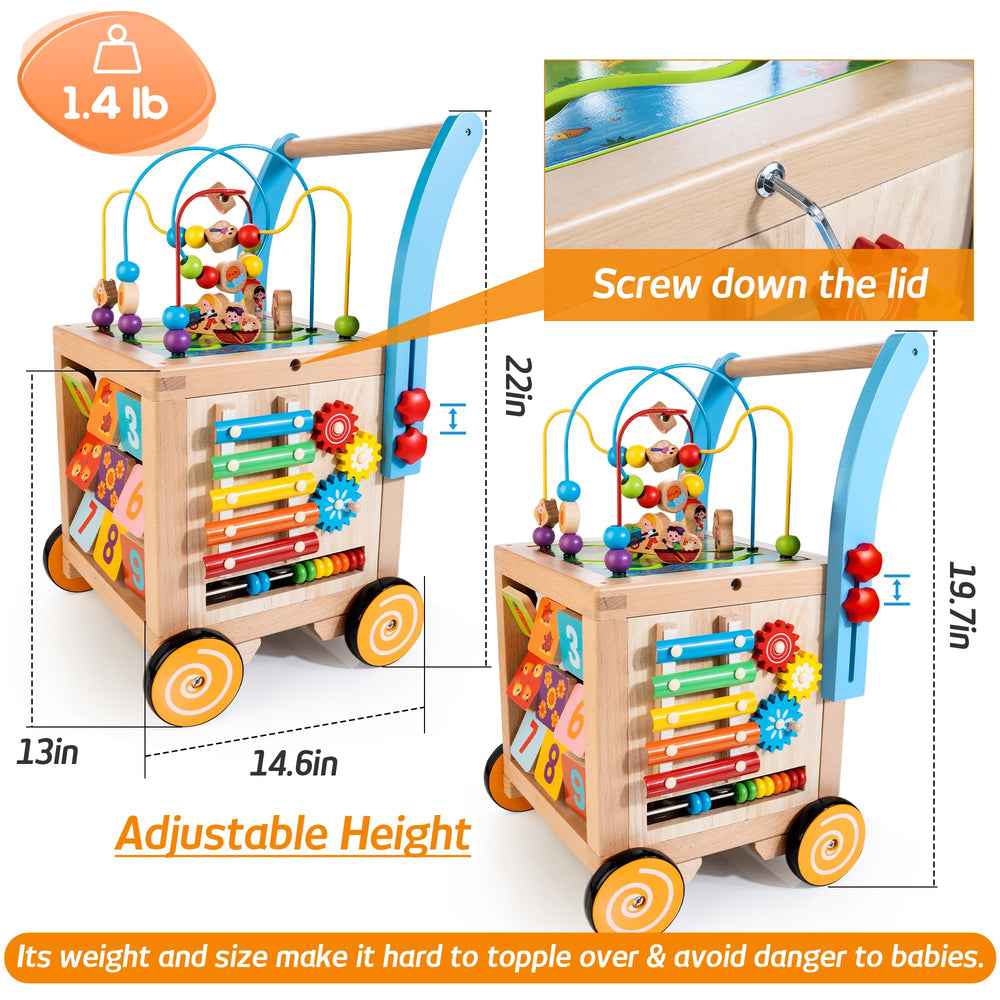 Woodmam height-adjustable walker grows with baby for extended use.