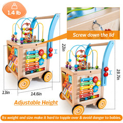 Woodmam height-adjustable walker grows with baby for extended use.