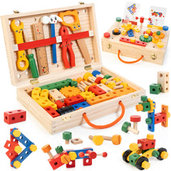 WOODMAM Kids Tool Set box and flash cards for creative building play