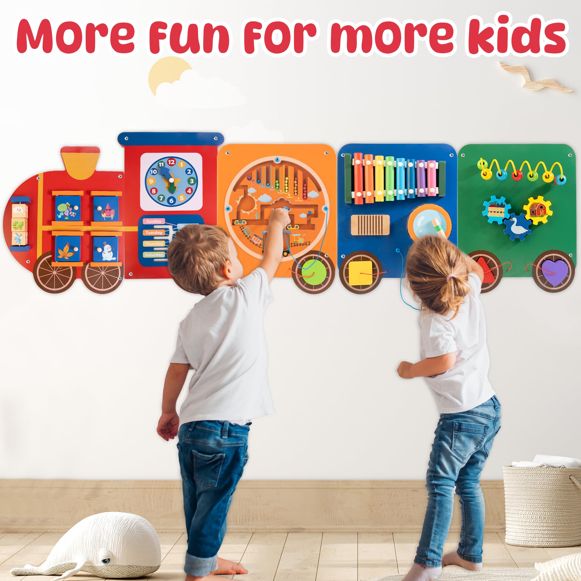 Woodmam Montessori activity panels teach clocks, numbers, and counting through interactive play.