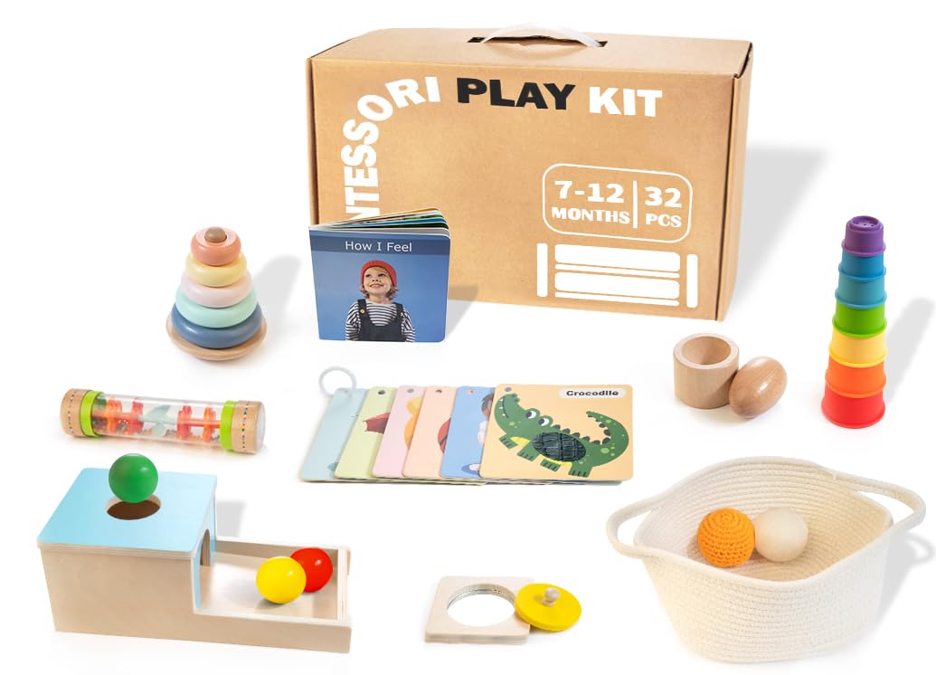 WOODMAM Montessori toys for babies, 7-12 months, organized storage and play set.