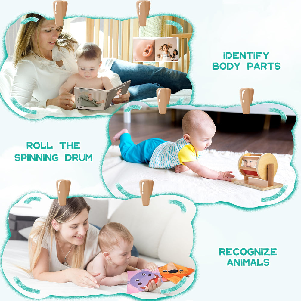 WOODMAM maracas encourage shaking and cause-and-effect awareness during tummy time.