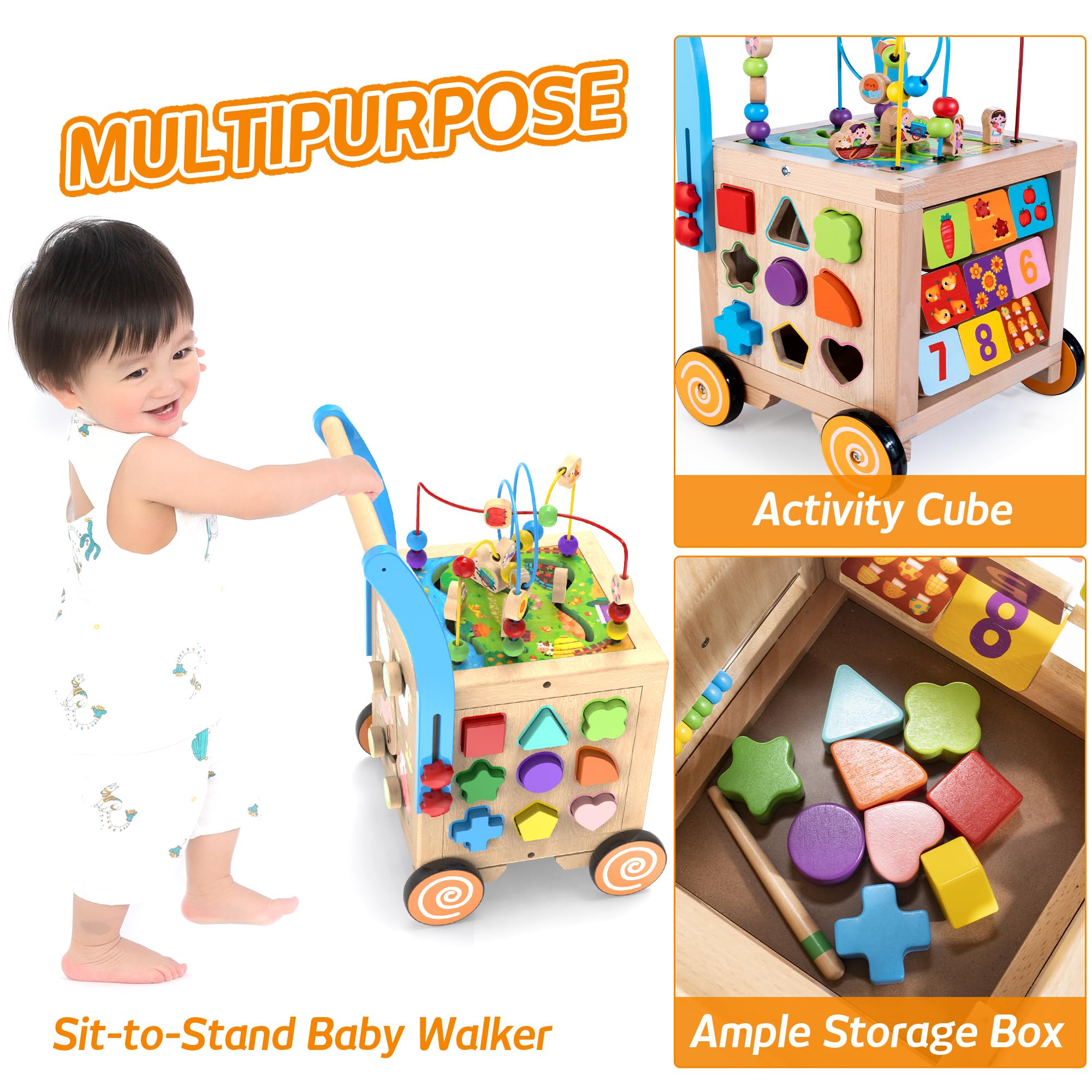 Woodmam Montessori-inspired wooden walker encourages parent-child learning and language development.